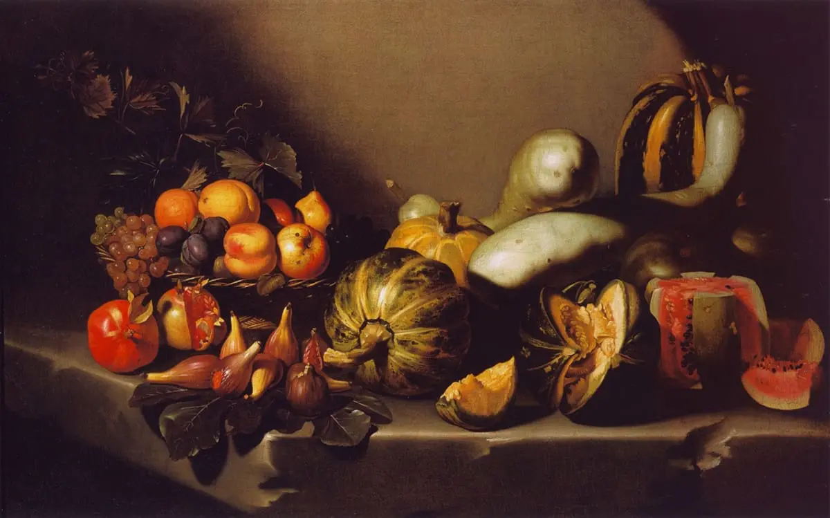 Caravage, Nature morte aux fruits sur un rebord de pierre, 1601