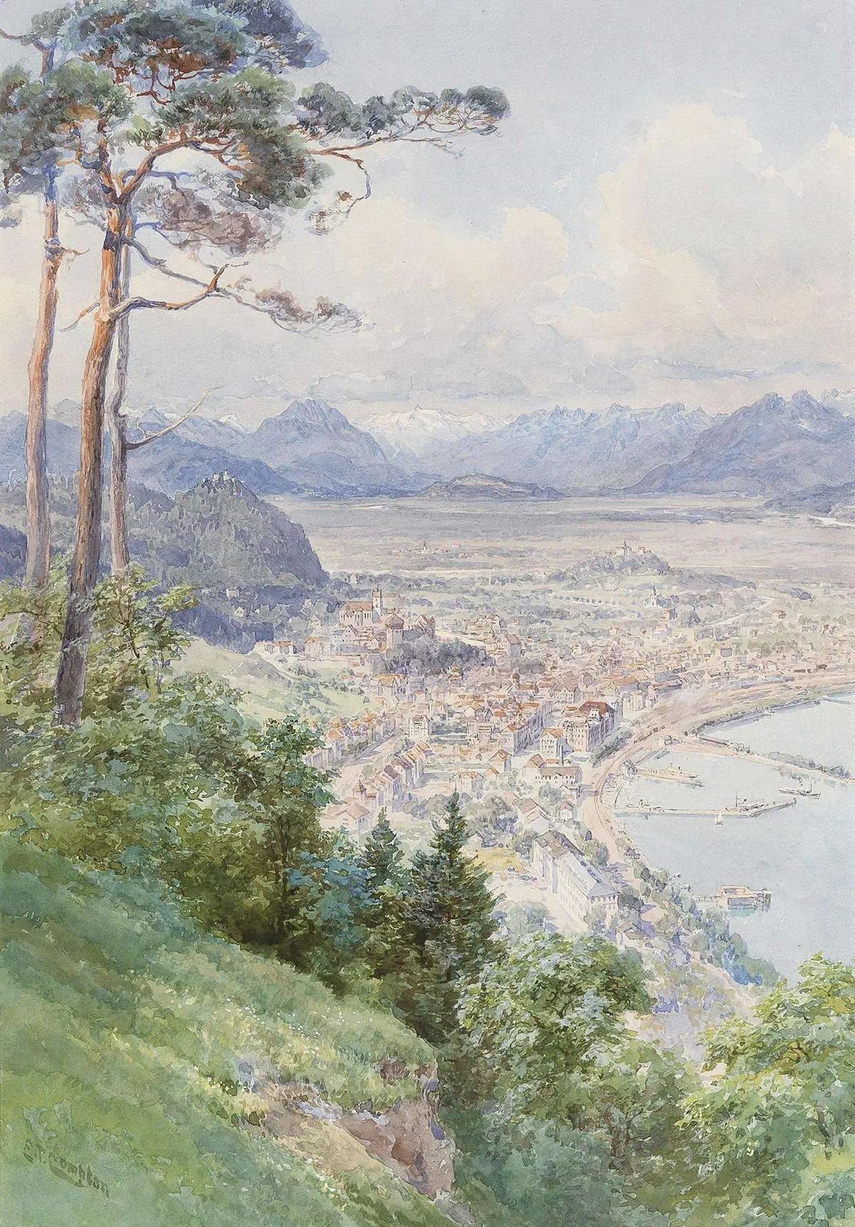 Edward Theodor Compton, Une vue de Bregenz et du lac Bodensee