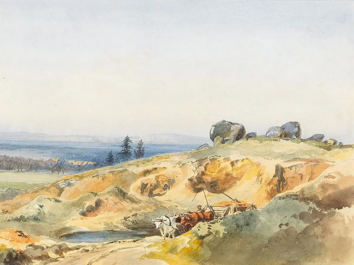 Edward Theodor Compton, Paysage avec ravin et char à bœufs