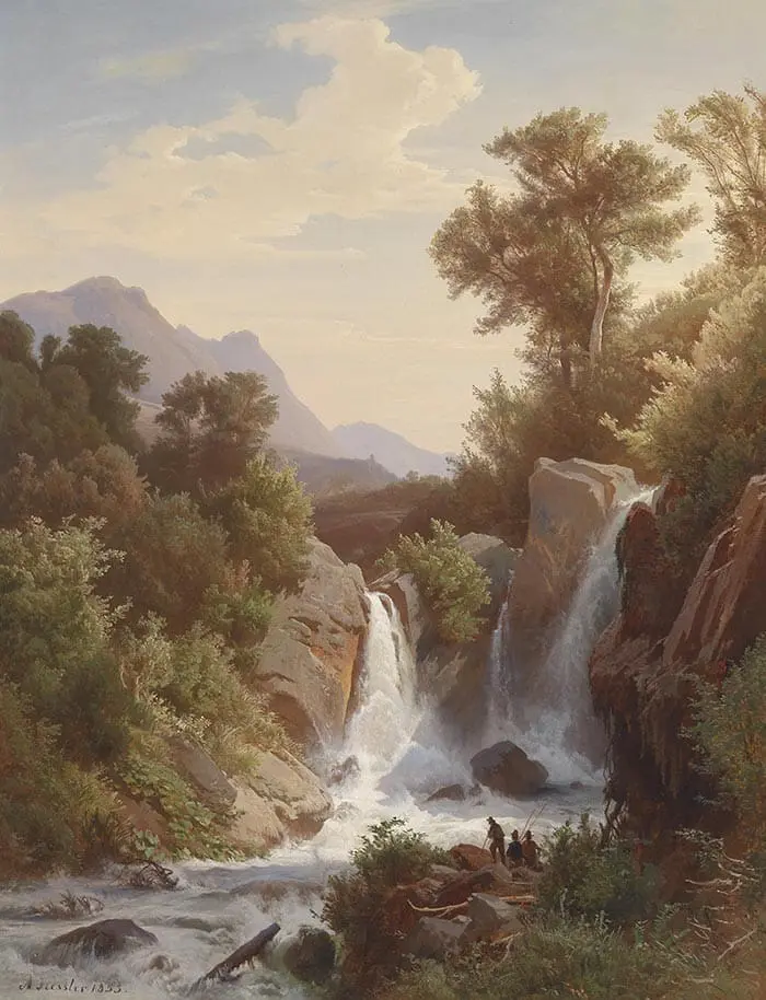 August Friedrich Kessler, Pêcheur près de la cascade, 1853