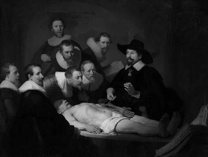Rembrandt, La leçon d'anatomie du Dr Nicolaes Tulp, 1632 - Niveaux de gris