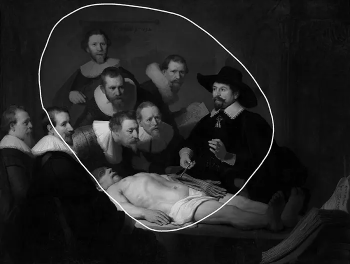 Rembrandt, La leçon d'anatomie du Dr Nicolaes Tulp, 1632 - Ovale clair