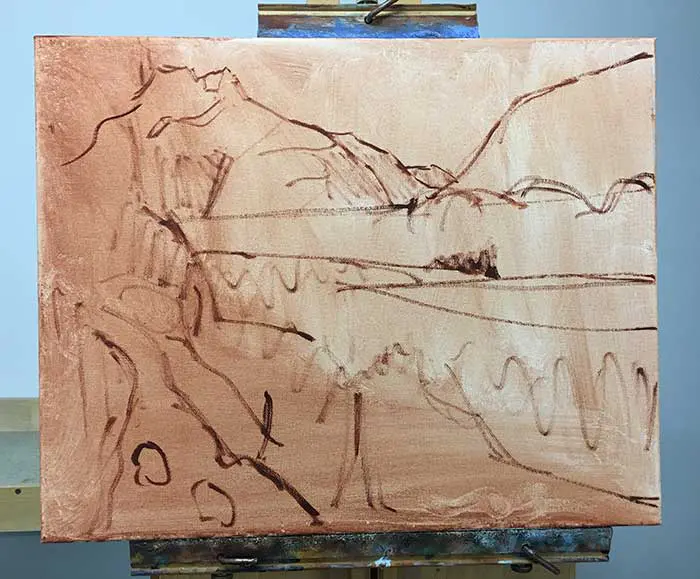 Tutoriel de peinture - Rivière Nouvelle-Zélande - Esquisse et teinture