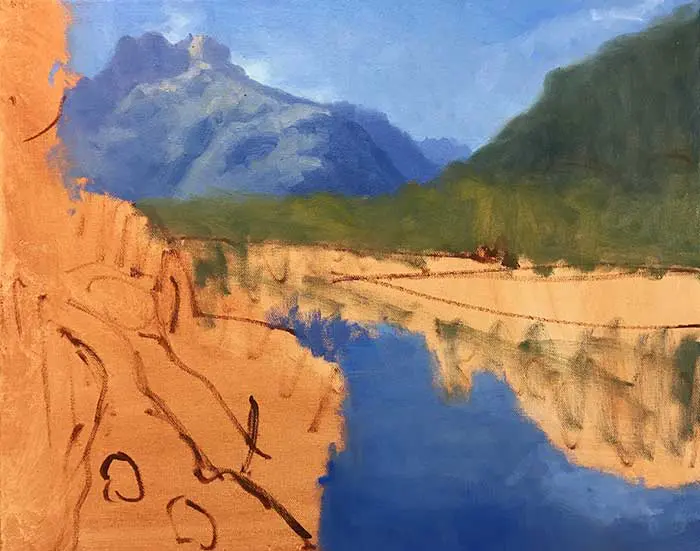 Tutoriel de peinture - Rivière néo-zélandaise - Progress Shot Sky, Water, Greens