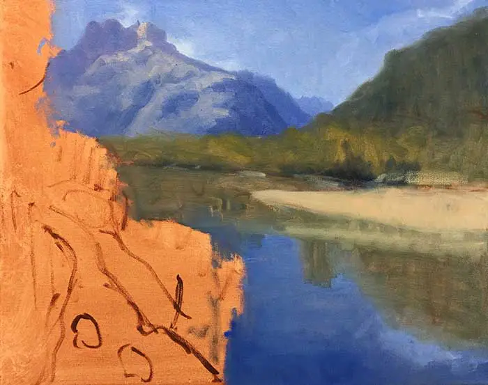 Tutoriel de peinture - Rivière néo-zélandaise - Progress Shot Sky, Water, Greens