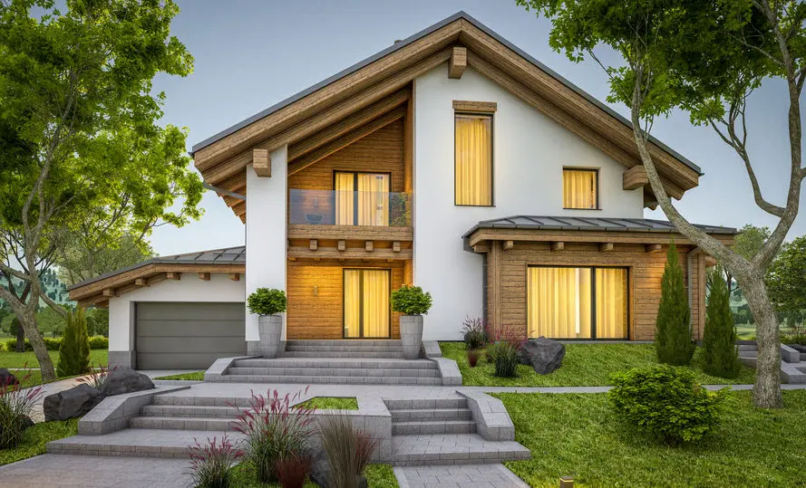 3d rendering of modern cozy house in chalet style with garage for sale or rent with large garden and lawn. Clear summer evenig with soft sky. Cozy warm light from window