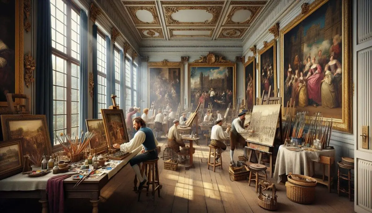 Crée une scène de studio de peintre du 17ᵉ siècle avec une lumière naturelle, esquissant les tableaux.