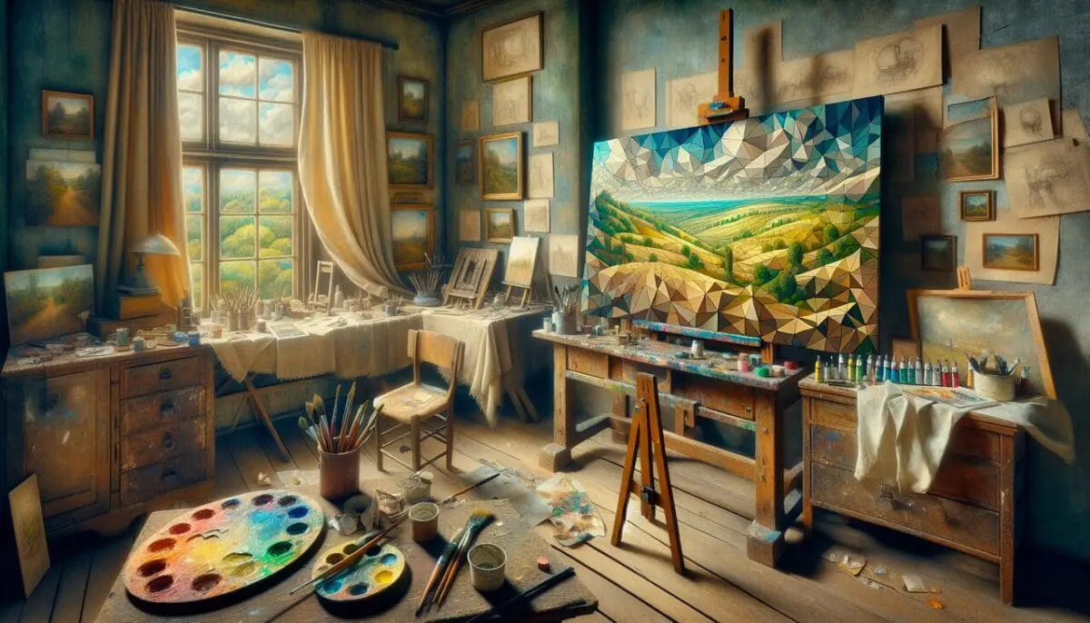 Alt : Peintre en P, fusion des styles Picasso, Poussin et Pissarro, ambiance studio avec toile, palette et outils.