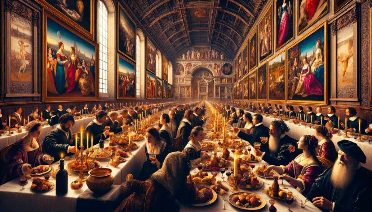 Peintre en Q - Scène de banquet Renaissance avec peintures Q célèbres, détails luxueux, ambiance chaleureuse.