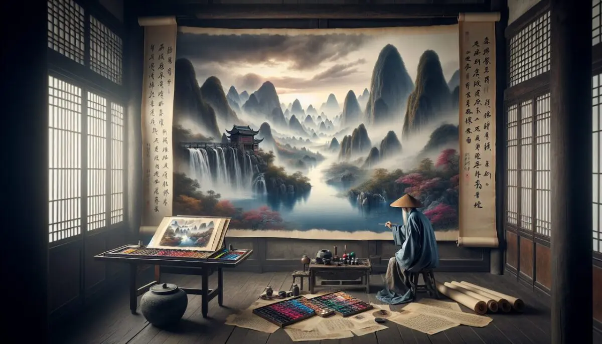 Peintre en X réalisant une œuvre d'art chinoise traditionnelle.