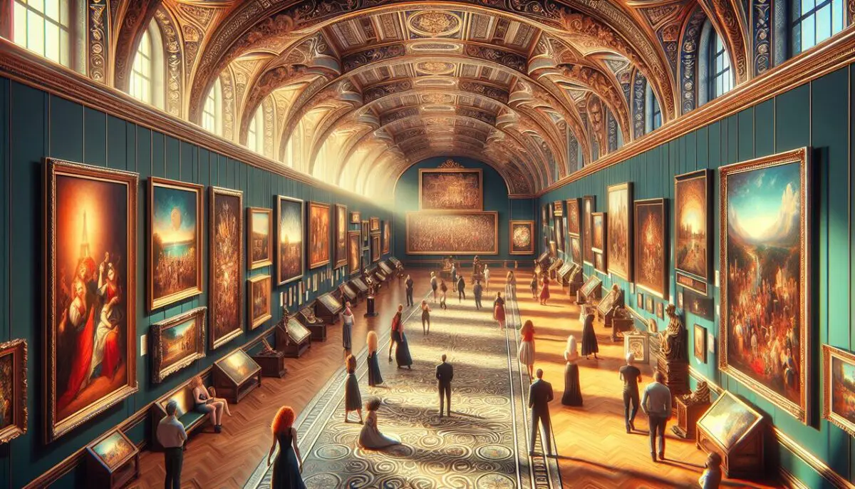 Peintre en Y dans une galerie d'art vibrante avec divers tableaux.