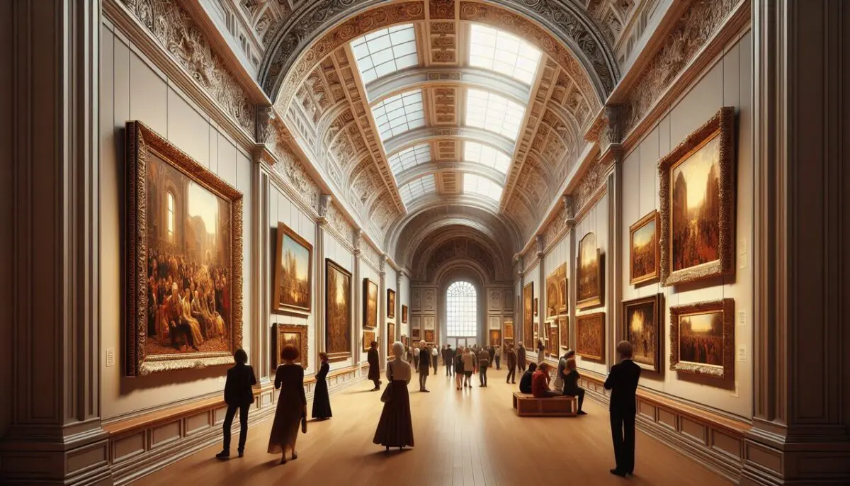 Peinture contemporaine de qualité, atmosphère chaleureuse et visiteurs appréciant l'art.