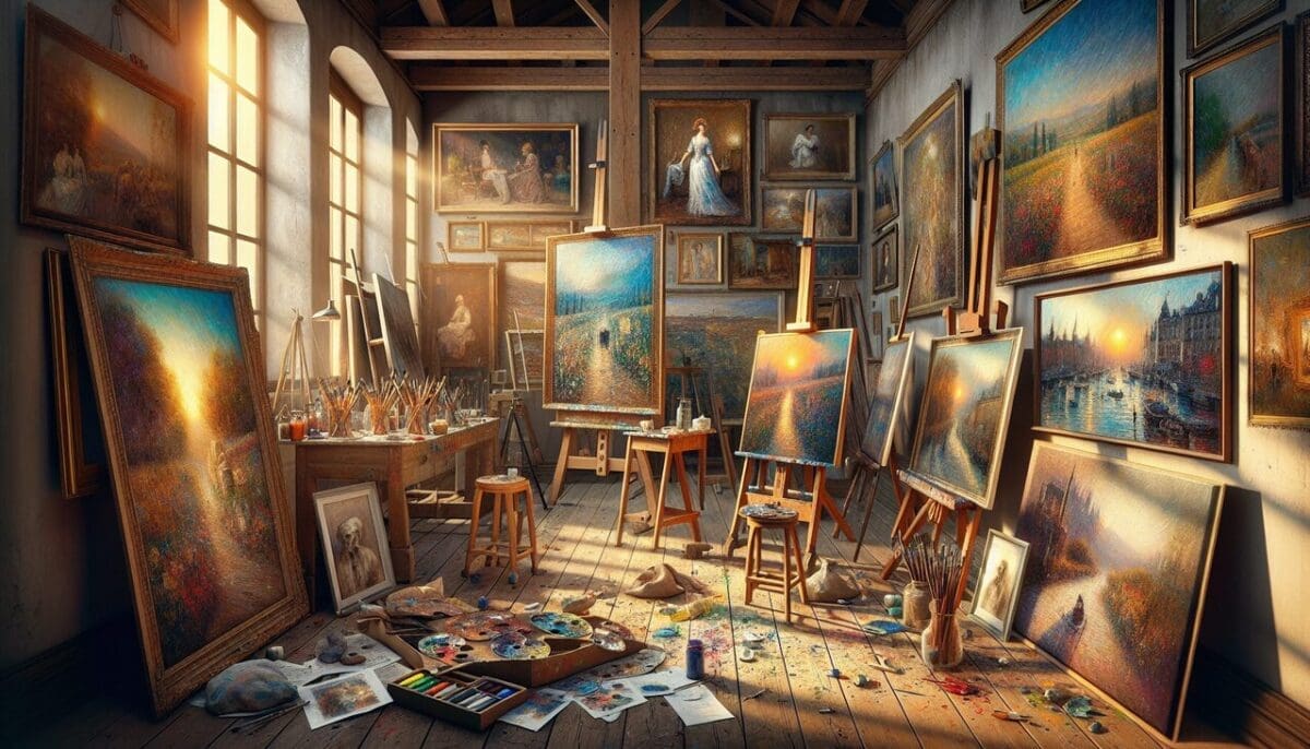 Peintre en A, art studio avec des oeuvres de César Abin, Louis Accary, Marius Adrian.