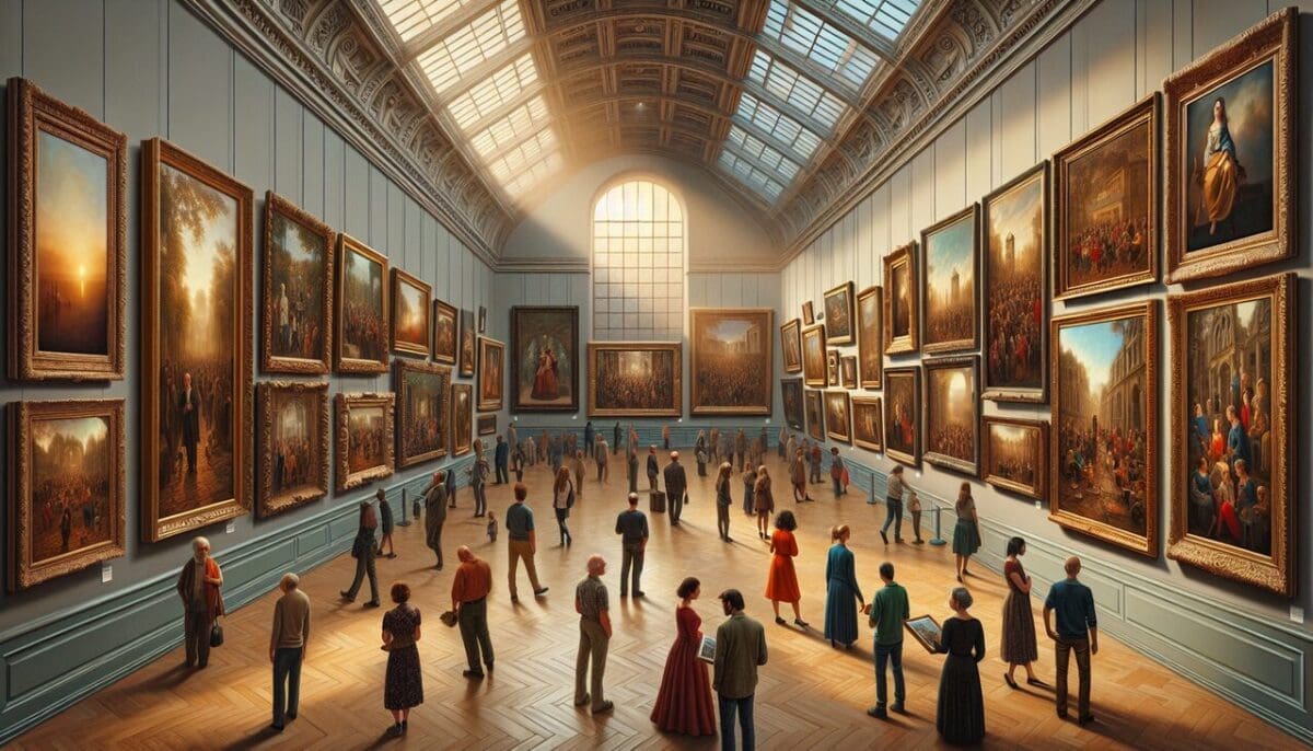 Peintre en B admiré par visiteurs dans galerie d'art.