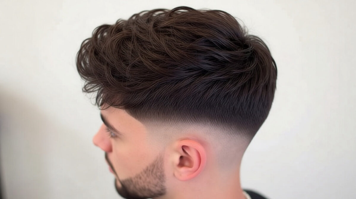 Dégradé espagnol homme vu de profil avec fondu net sur les côtés et cheveux texturés sur le dessus