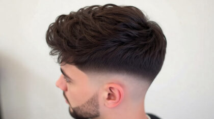 Dégradé espagnol homme vu de profil avec fondu net sur les côtés et cheveux texturés sur le dessus