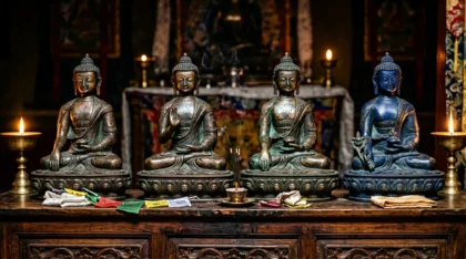 Statue bouddha assise en méditation, mains posées en mudra sur les genoux