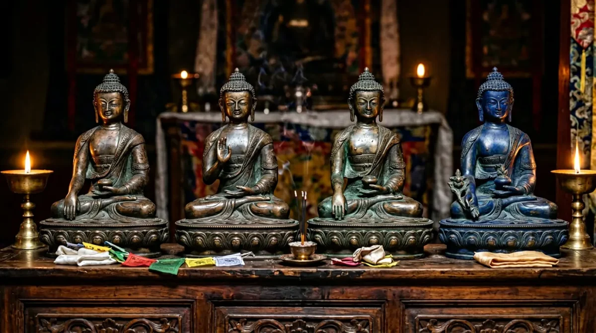 Statue bouddha assise en méditation, mains posées en mudra sur les genoux