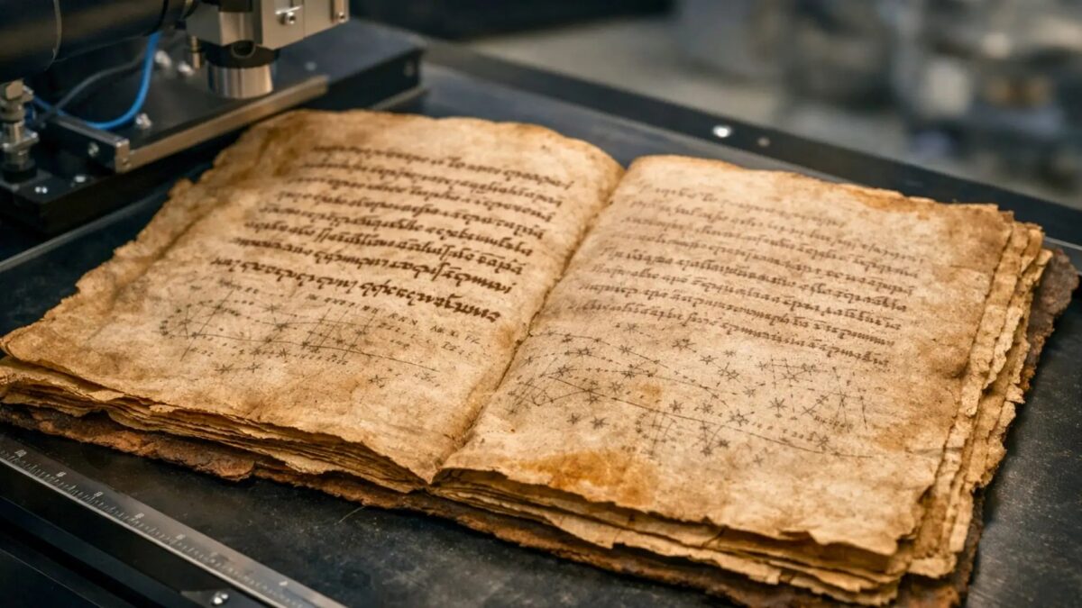 Manuscrit palimpseste sur parchemin où l'écriture ancienne réapparaît sous le texte récent