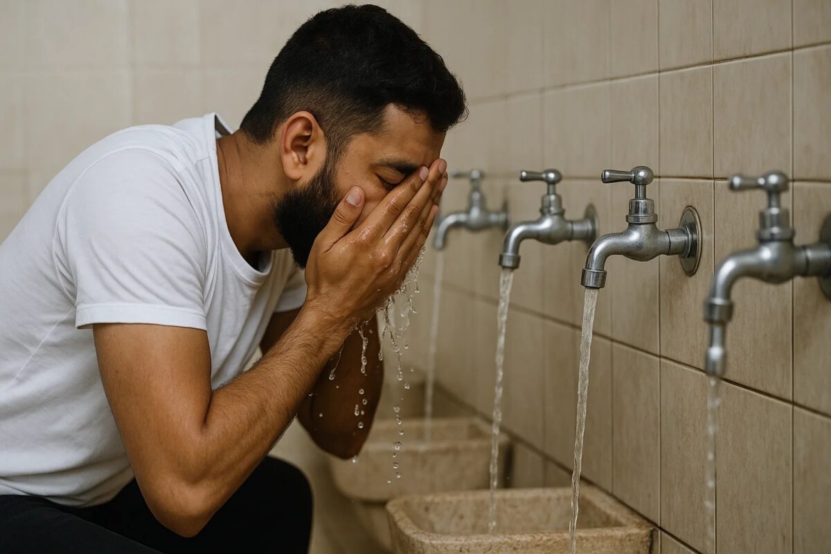 Personne versant de l'eau sur son corps pour accomplir la grande ablution