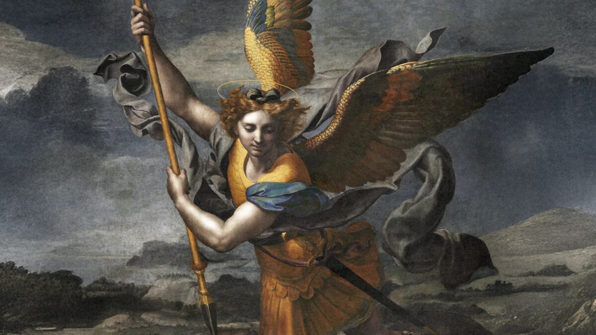 Peinture de saint Michel archange en armure ailée tenant une lance au-dessus d'un dragon terrassé
