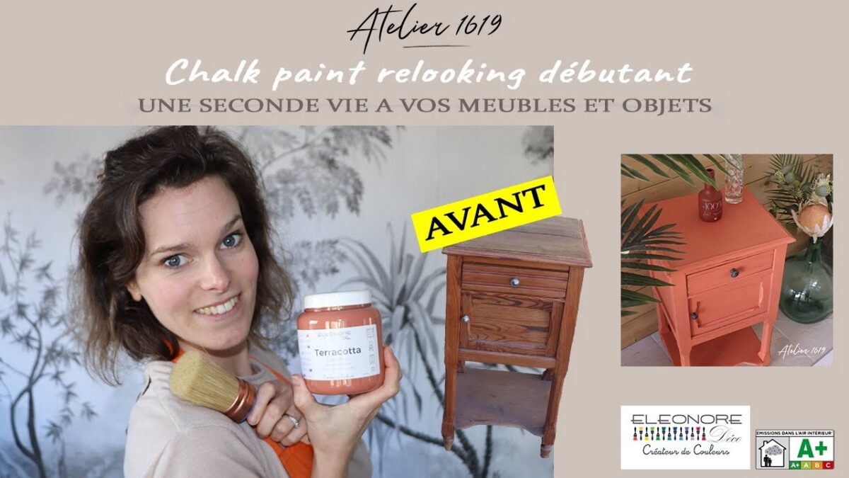 Pots de peinture Éléonore Déco posés devant un meuble en bois en cours de relooking