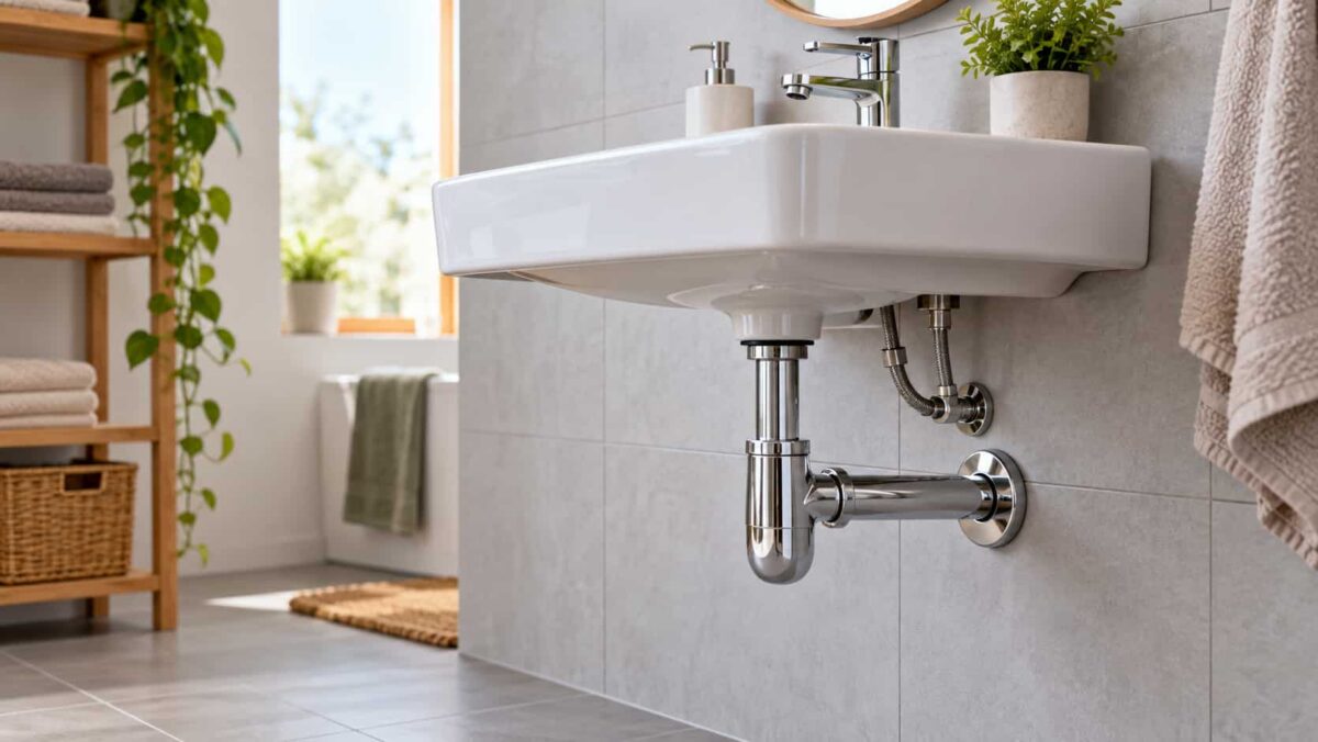 Tuyau d'évacuation d'un lavabo sous un meuble vasque, avec les arrivées d'eau à hauteur du plan