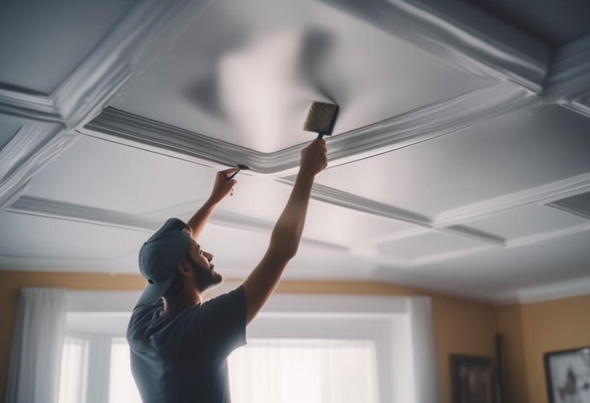 Plafond fraîchement peint en blanc mat avec un rouleau sur manche télescopique