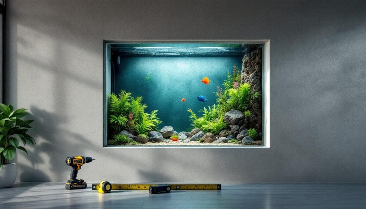Aquarium encastrable dans un mur avec habillage peint et cadre autour du volume vitré