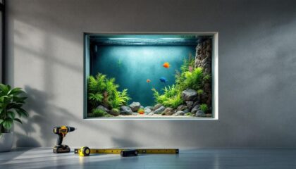 Aquarium encastrable dans un mur avec habillage peint et cadre autour du volume vitré